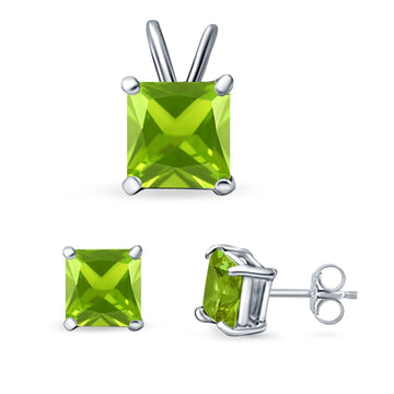 Princess Cut Jewelry Set Pendant Earring Simulated Peridot Cubic Zirconia 925 Sterling Silver